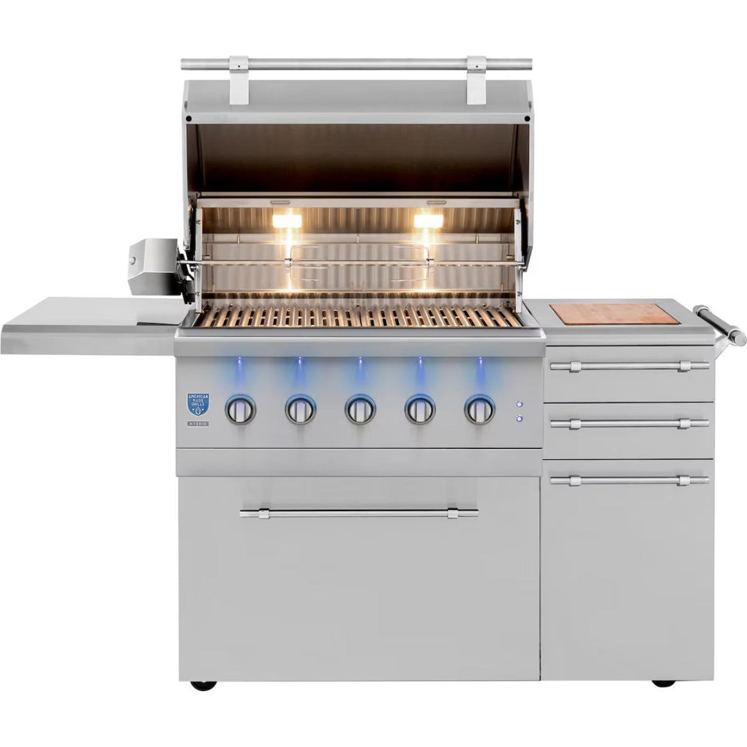 American Made Grills Encore 36-inch freestanding propane grill with hood open and interior lights on
