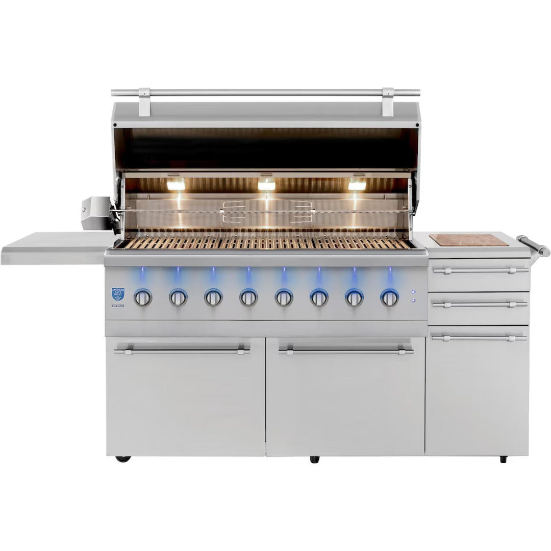 American Made Grills Encore 54" freestanding natural gas grill with LED knobs, halogen lights, and full storage cabinet