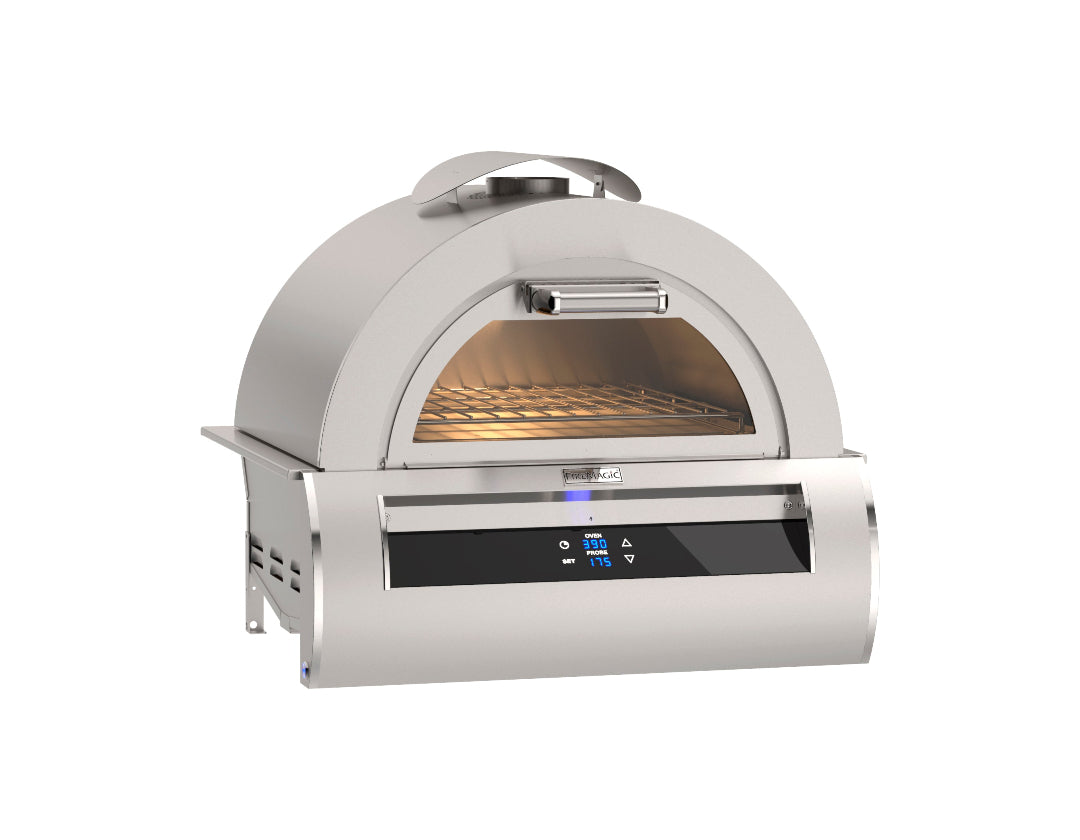 FireMagic FM-5660 stainless steel built-in outdoor kitchen pizza oven with arched glass viewing door, digital temperature control panel and interior wire cooking rack