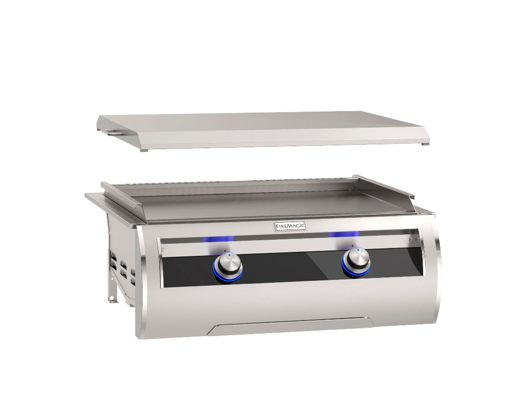 FireMagic E660i built-in stainless steel gourmet griddle with glass control panel, blue LED illuminated knobs and removable stainless hood for outdoor kitchen