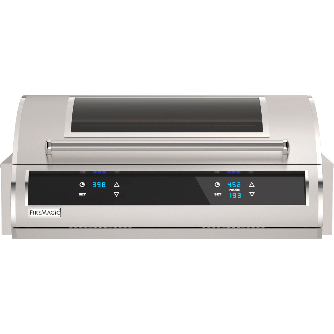 Fire Magic EL500i electric built-in stainless steel grill front view with tempered glass viewing window, LED digital controls and probe temperature display for outdoor kitchen