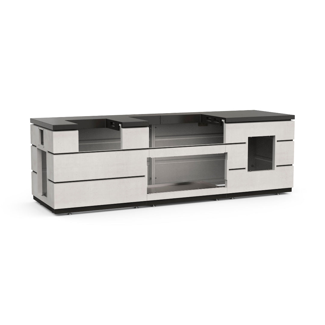 Vine & Flame FM_ID790 WAD Island System drawer module — concrete-look modular outdoor kitchen island base with integrated drawer opening, appliance cutouts and dark gray countertop
