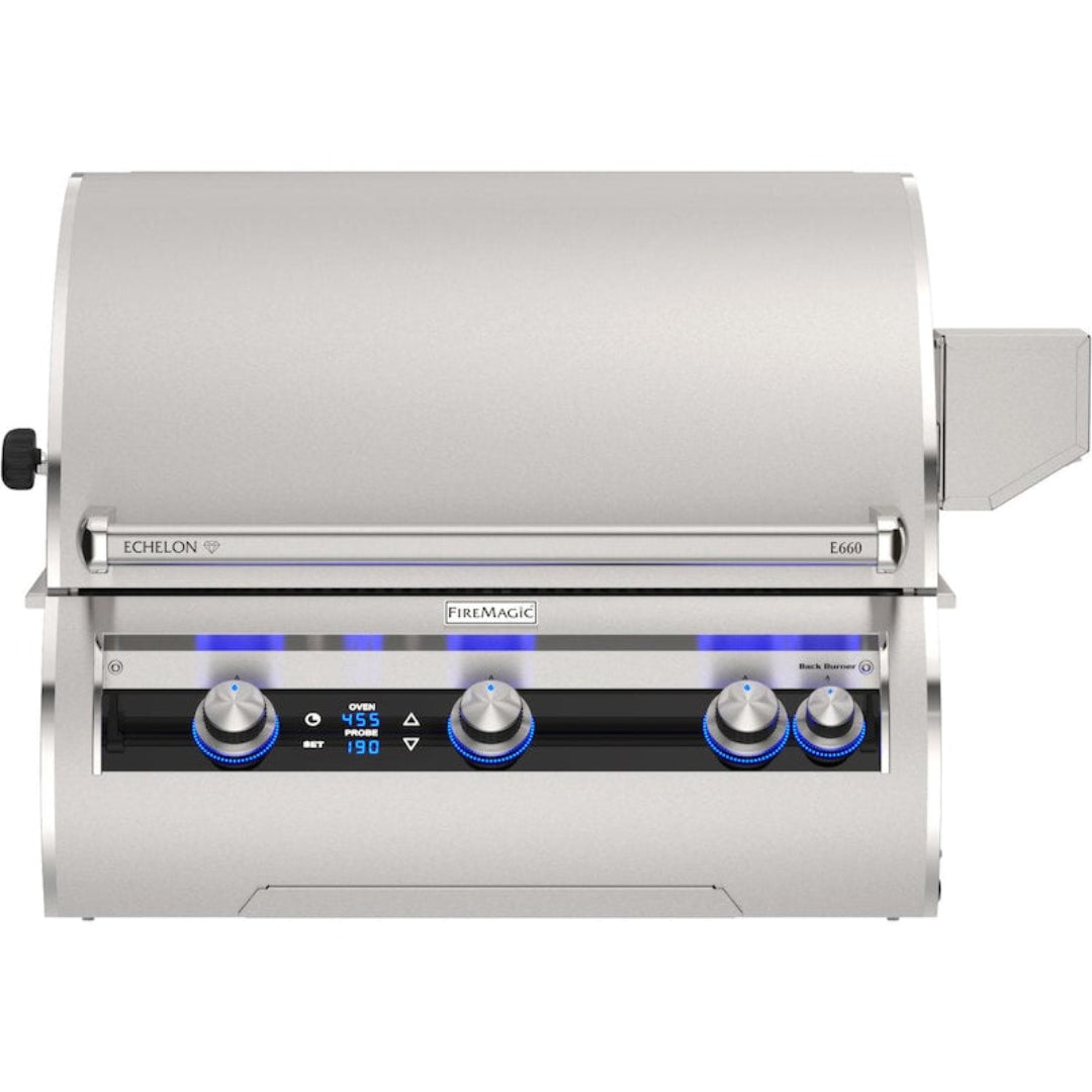 Fire Magic Echelon Diamond E660i 30-inch 3-burner stainless steel built-in natural gas grill with digital oven-probe thermometer and rear burner