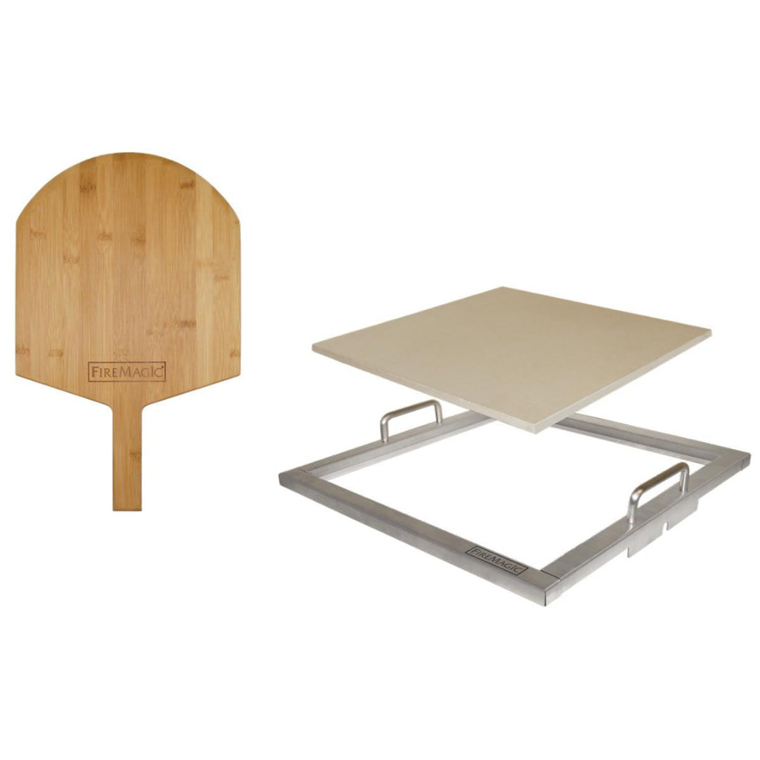 FireMagic pizza stone kit with bamboo pizza peel, square pizza baking stone and stainless steel support frame with handles for outdoor grills and pizza ovens