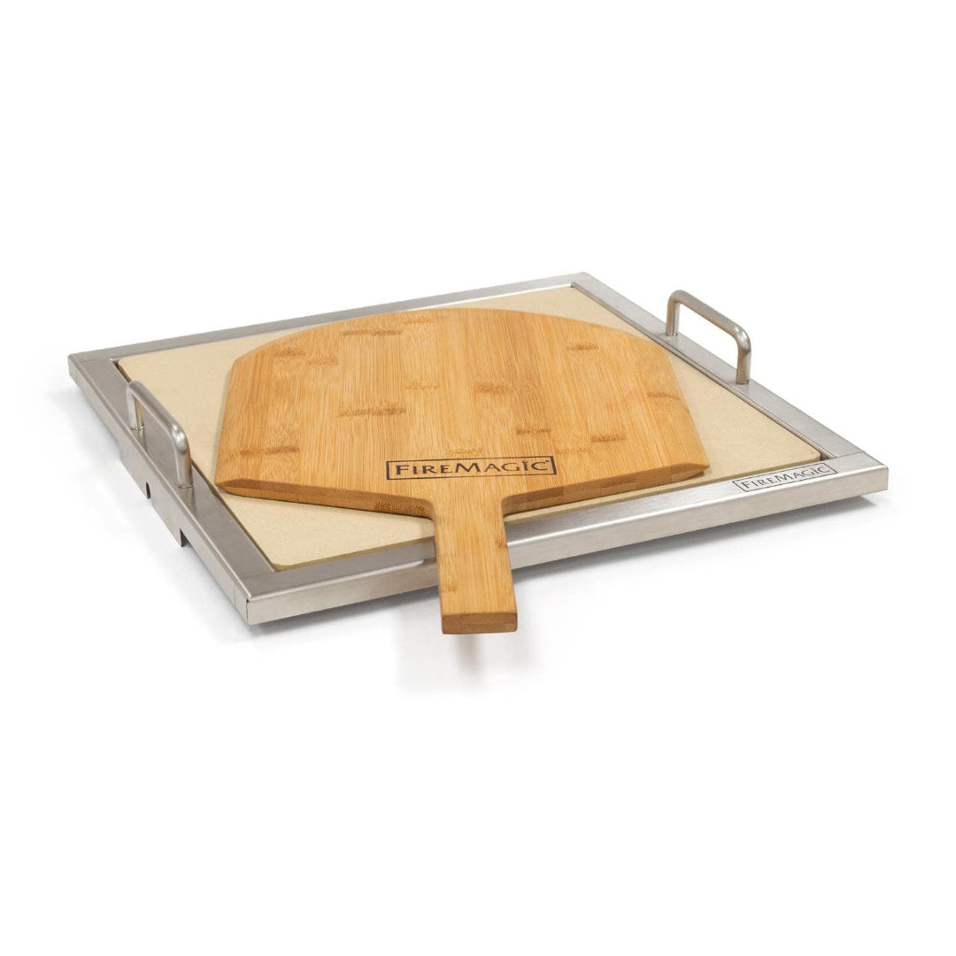 FireMagic stainless steel pizza stone kit with ceramic baking stone and bamboo wooden pizza peel for built-in gas grills and outdoor pizza ovens