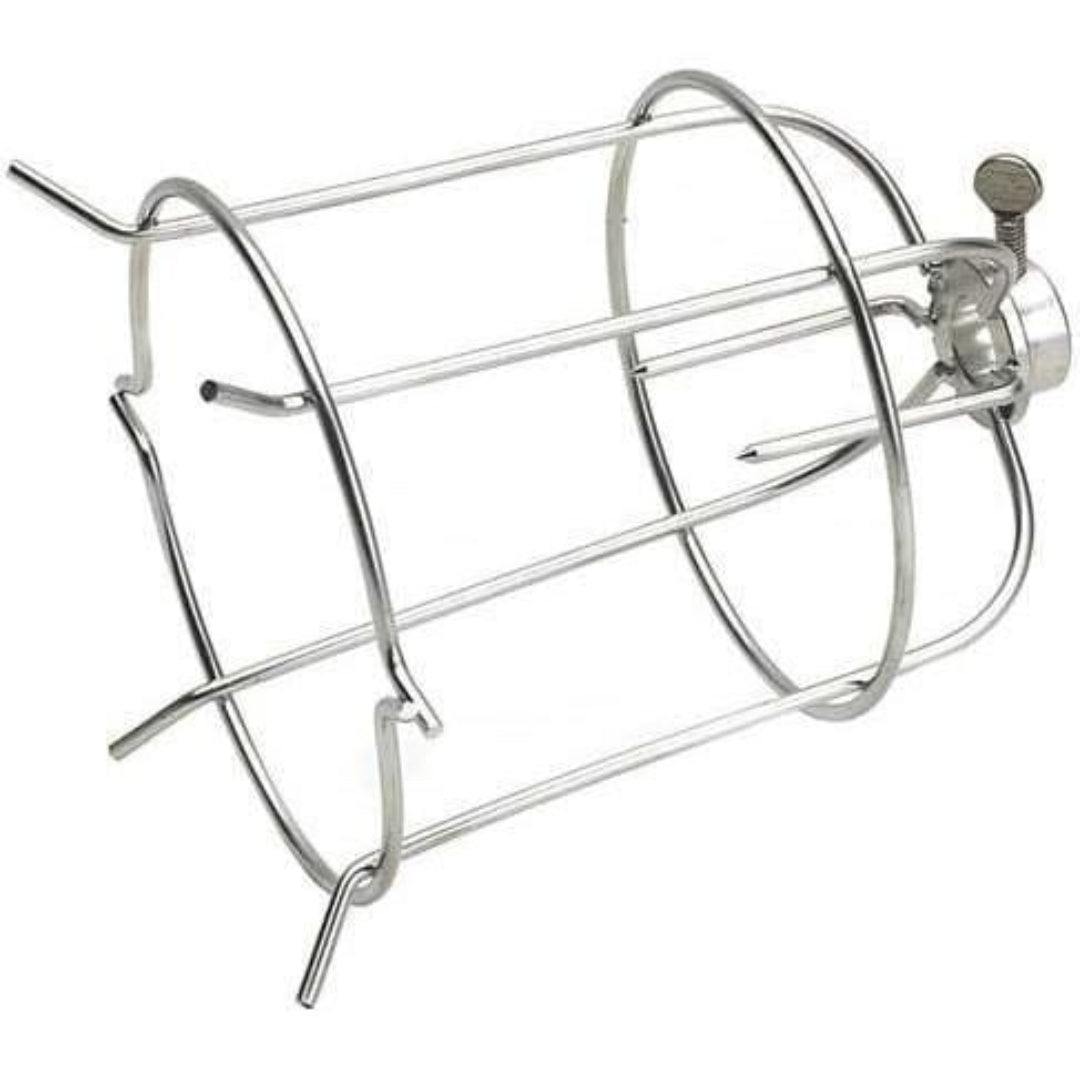 A stainless steel Fire Magic rotisserie chicken holder designed to securely hold a whole chicken for cooking.