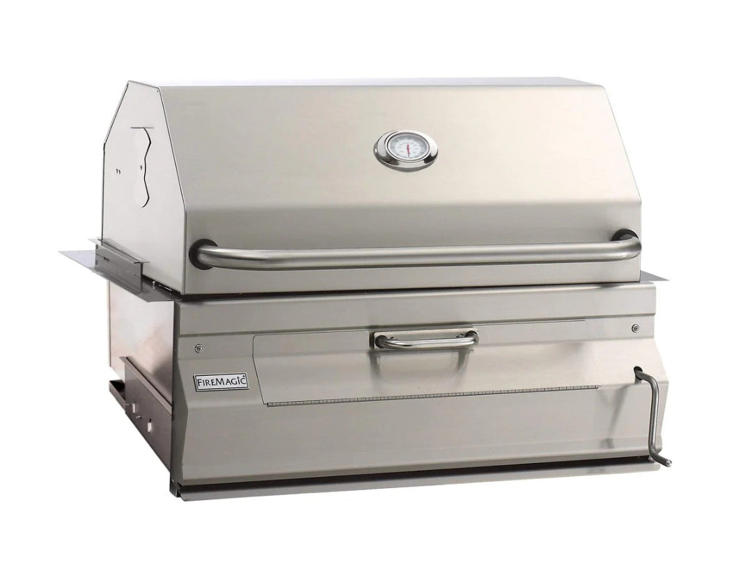 FireMagic 30-inch stainless steel built-in charcoal grill head with hood thermometer and slide-out ash drawer for outdoor kitchens