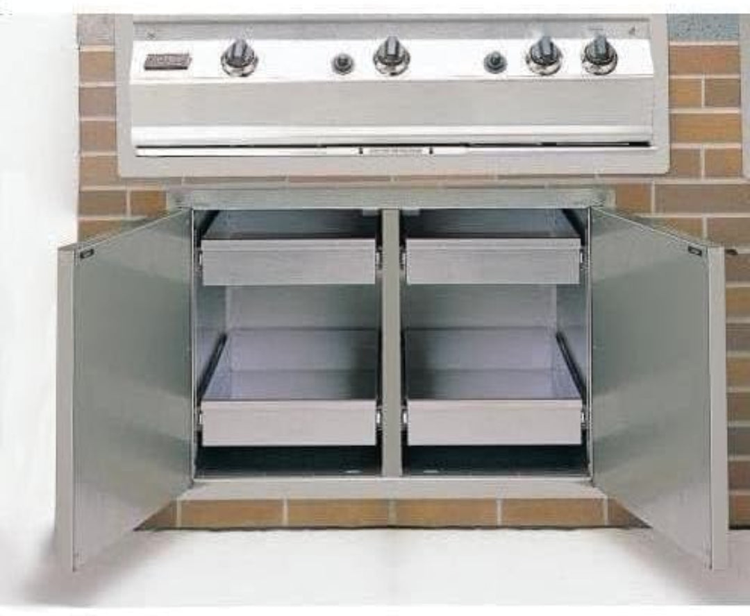 Fire Magic Select 30-inch stainless steel under-grill enclosed cabinet with double doors and four pull-out storage drawers for built-in outdoor kitchen, model 33930S-22