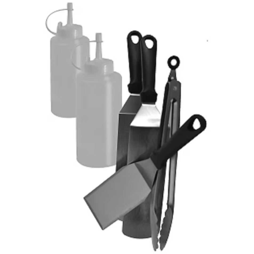 Flat-top griddle tool kit: heavy-duty metal spatula, wide turner/scraper, locking tongs and two squeeze bottles for oil — restaurant and home BBQ grilling