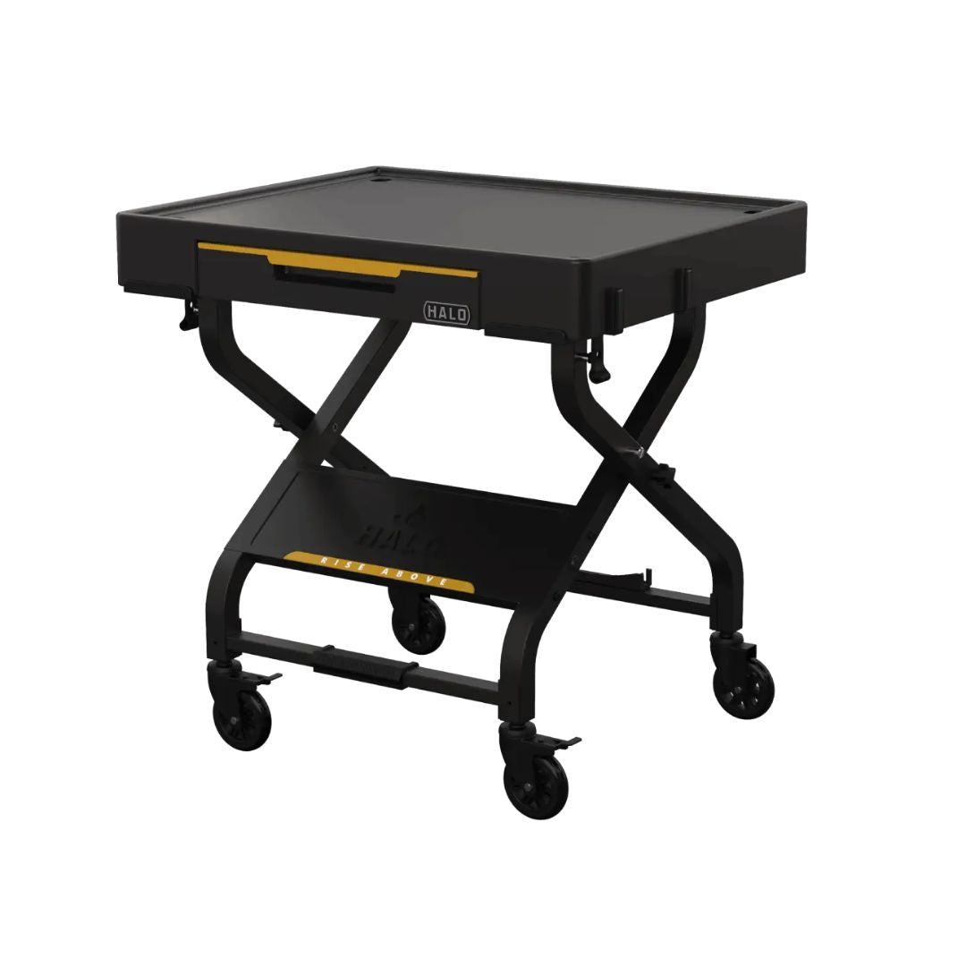 HALO Countertop Cart HO-1006-XNA - black collapsible prep cart with X-frame, drawer, lower shelf and 4 swivel casters