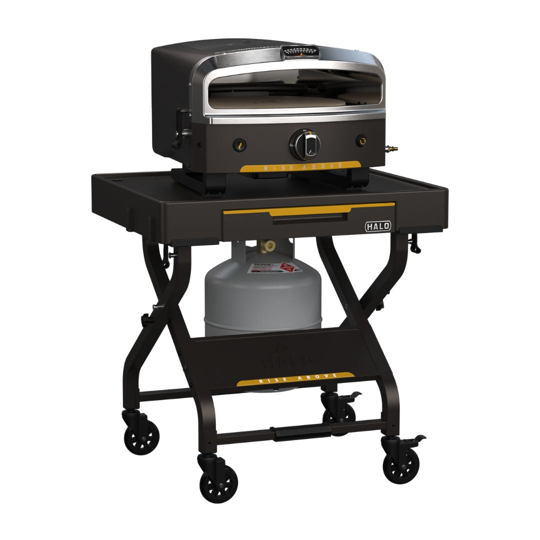 HALO Countertop Cart HO-1006-XNA – collapsible black powder-coated cart with drop-down drawer, swivel casters, propane tank bracket and countertop pizza oven.