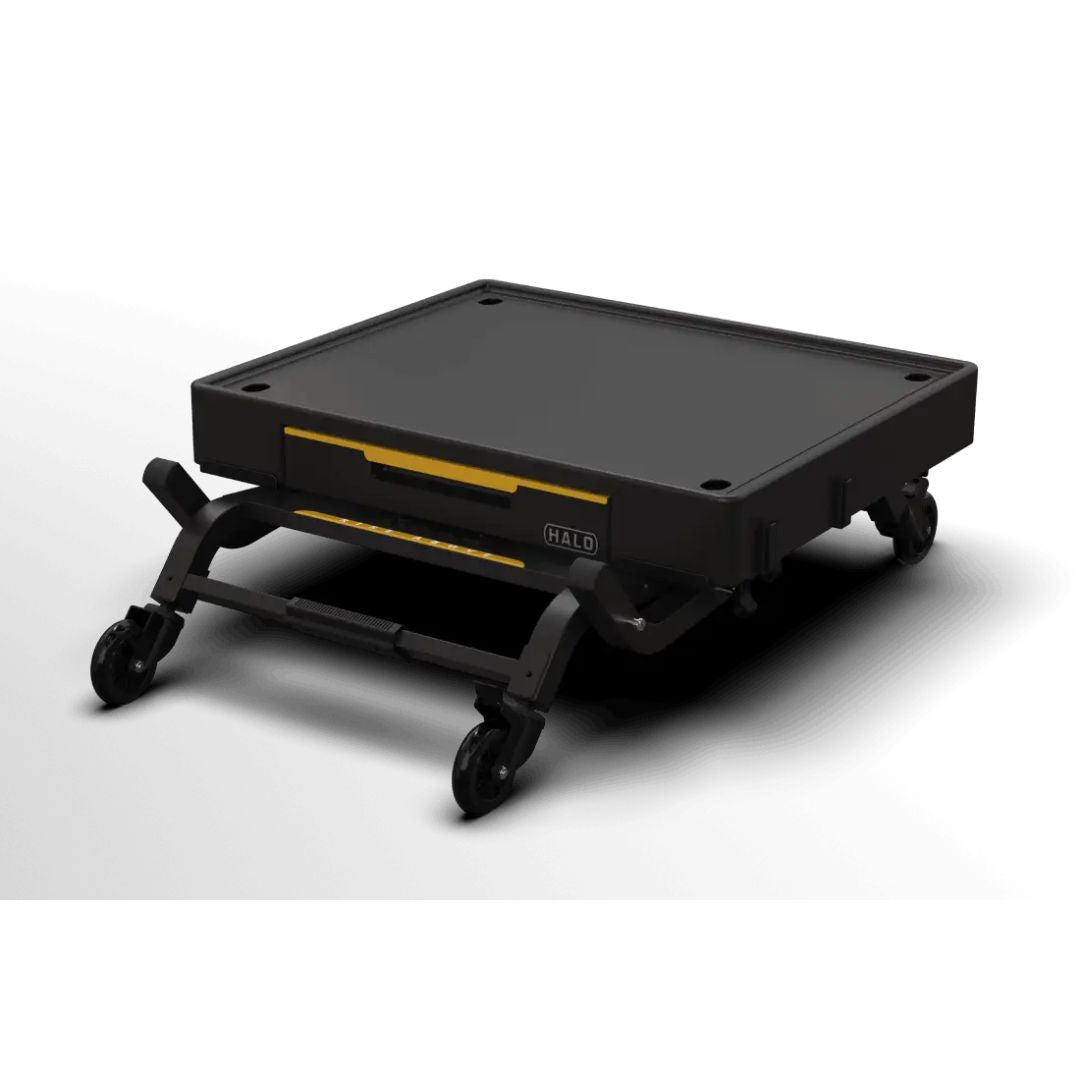 HALO Countertop Cart HO-1006-XNA black collapsible prep cart with work surface, drop-down drawer and four swivel casters.