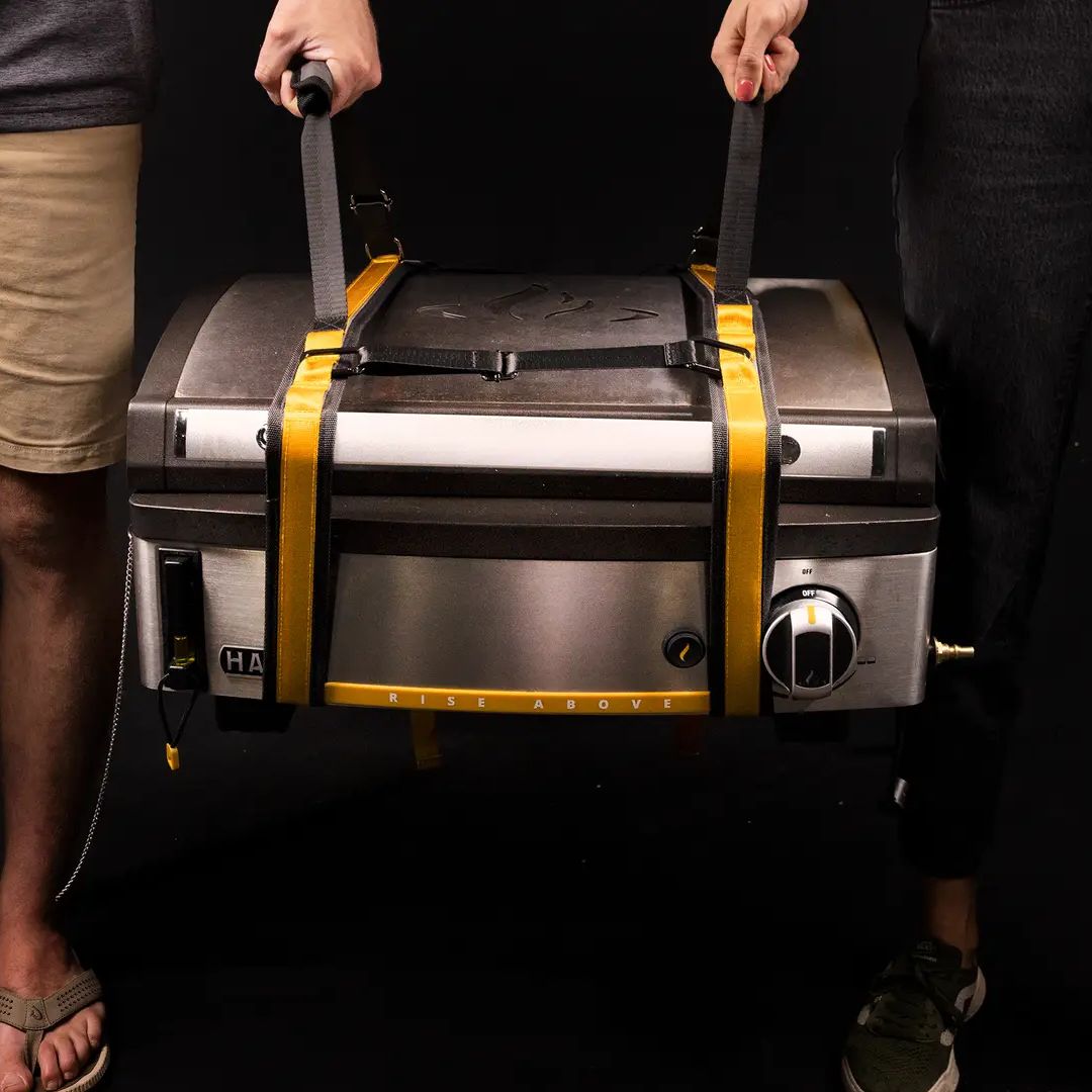 HALO HO-3002 yellow reinforced carry straps used by two people to lift a stainless countertop appliance