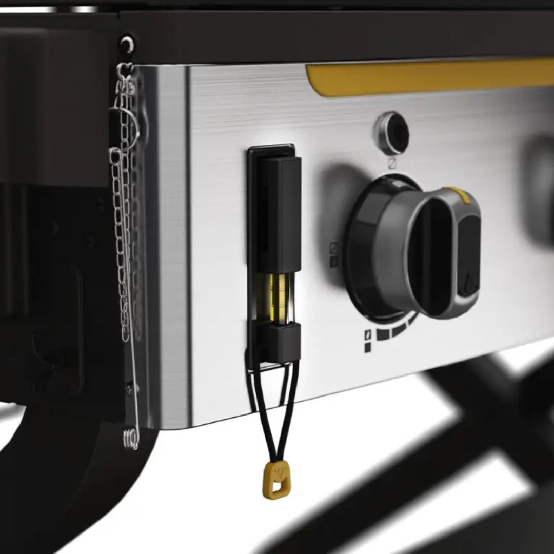 HALO Elite 4B Griddle (HZ-1001-XNA) stainless steel control panel close-up showing burner control knob, ignition pull with yellow tether and safety chain
