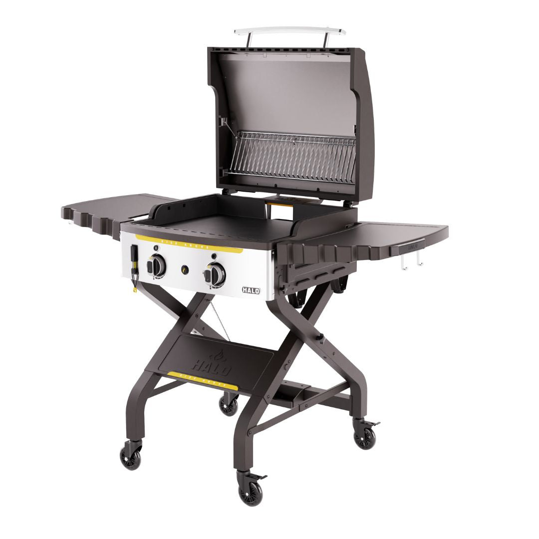 HALO Elite 2B Griddle HZ-1003-XNA propane two-burner outdoor griddle with open hood and swing-away warming rack, four independent cooking zones, fold-out side shelves and locking casters