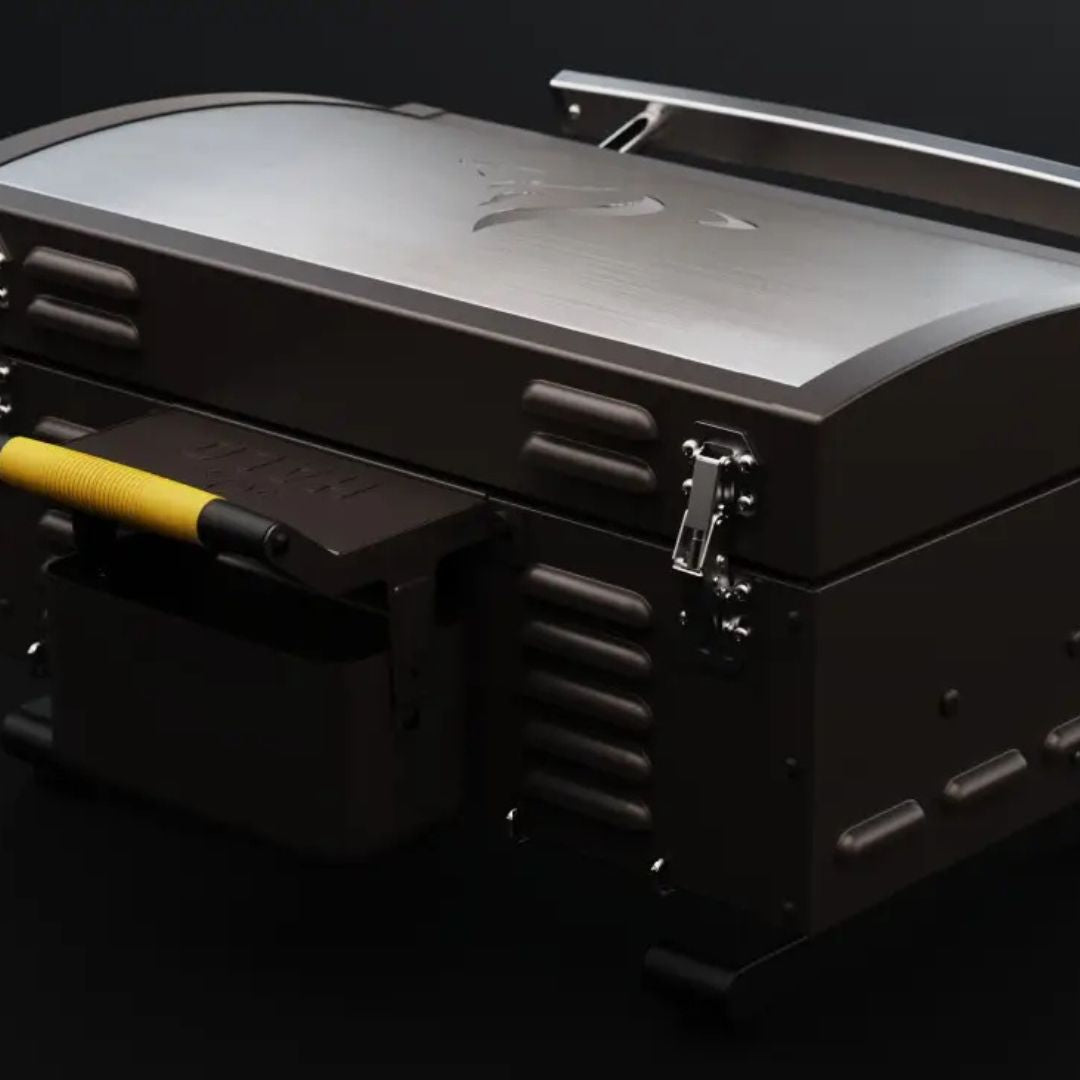 HALO Elite 1B Griddle HZ-1007-ANA compact countertop griddle, dark finish, closed lid, front grease drawer with yellow handle