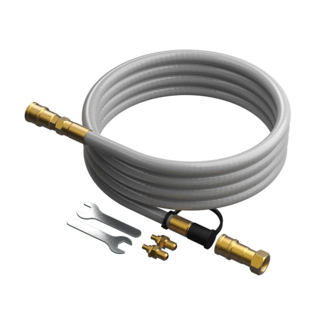 HALO Natural Gas Conversion Kit HZ-3001-A for Versa 16 — coiled 10 ft gray rubber gas hose with brass fittings, quick-disconnect, orifices and wrenches