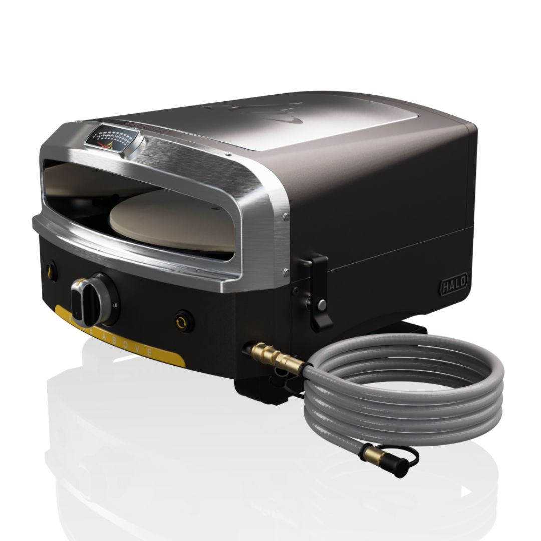 HALO Versa 16 pizza oven with HZ-3001-A natural gas conversion kit, 10 ft coiled gray hose and brass quick-disconnect fitting