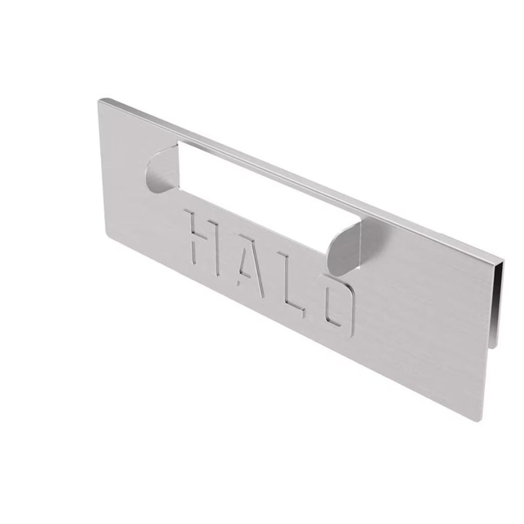 HALO HZ-3013 stainless-steel grease-trap gate for Elite griddles with rectangular drain slot and HALO logo cutout