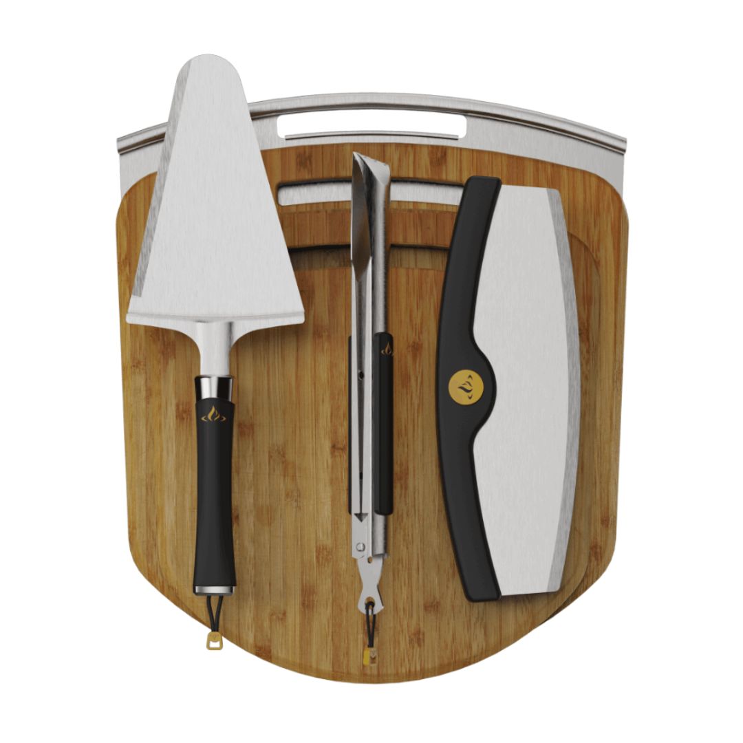 HALO 6-Piece Cook & Serve Pizza Kit on bamboo peel — 16-inch stainless peel, triangular slice server with black handle, stainless gripping tongs, curved mezzaluna cutter