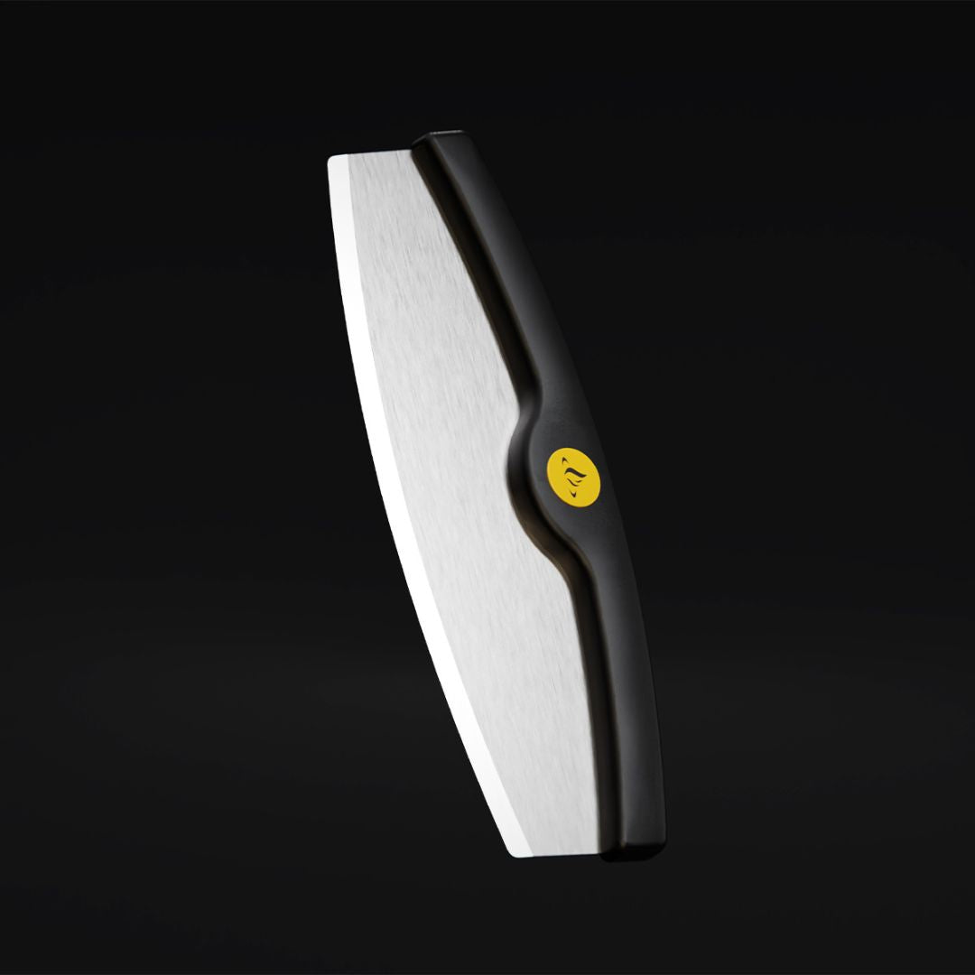 HALO mezzaluna pizza cutter with brushed stainless-steel curved blade and black ergonomic handle with yellow logo