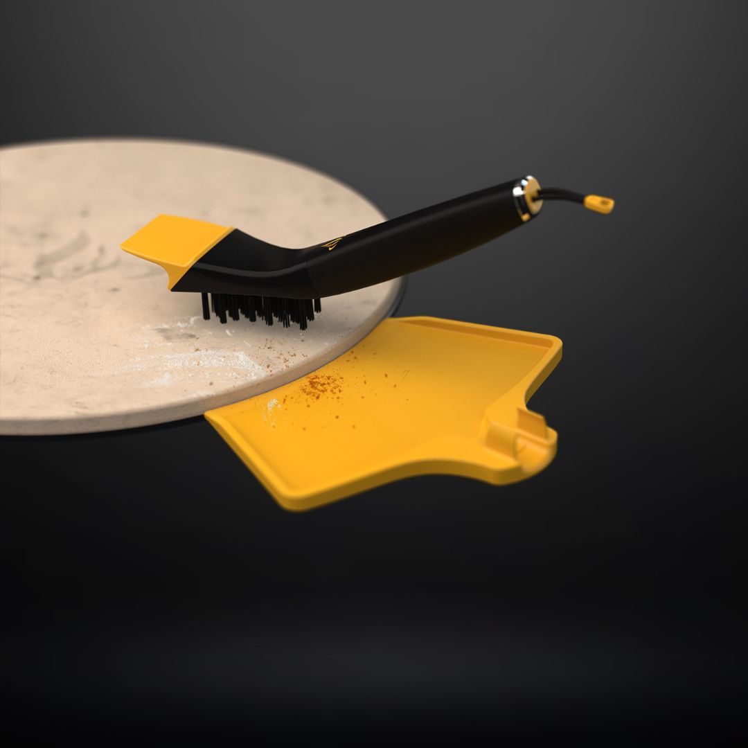 HALO Versa 16 pizza stone cleaning kit – black-handled scraper brush with yellow scraper tip and yellow ash pan on cordierite pizza stone