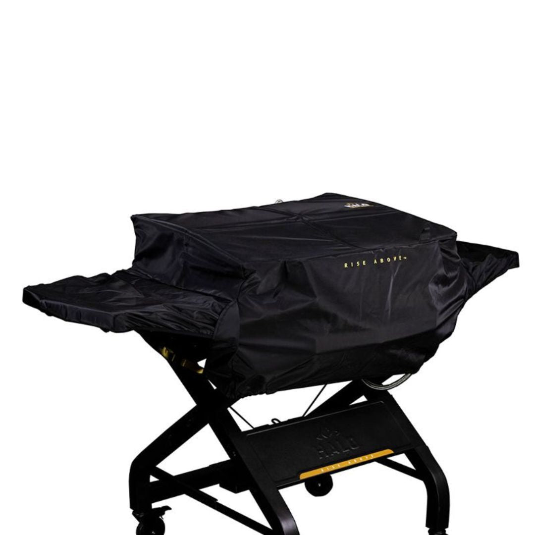 HALO Elite HZ-5003 black PVC-coated polyester custom-fit griddle cover fitted over Elite 2B griddle with side tables extended, "Rise Above" logo visible