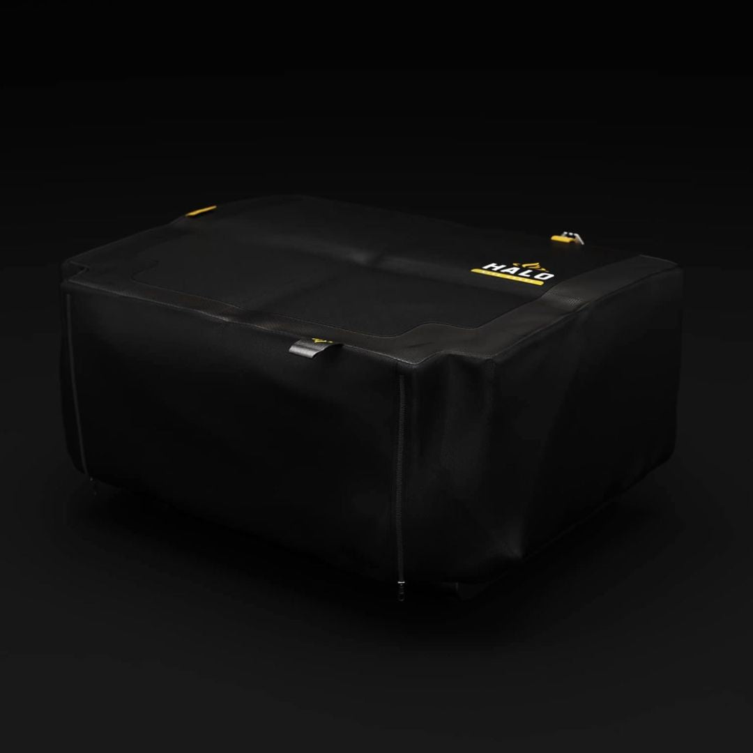 HALO Elite1B griddle cover HZ-5007 — black PVC-coated polyester custom-fit cover with reinforced panels and HALO logo