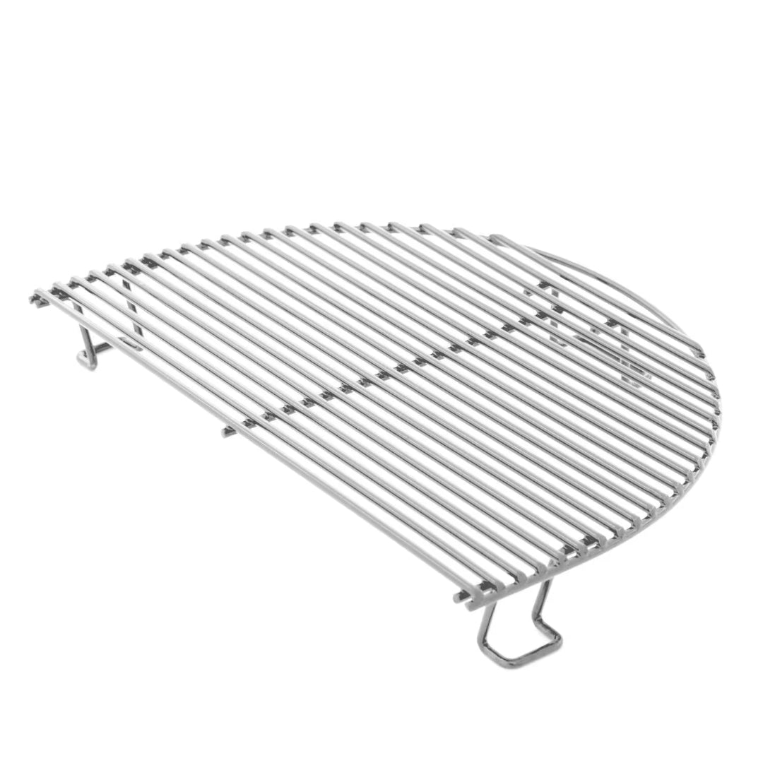 Primo stainless steel half-round grill grate with folding legs, elevated warming rack replacement for charcoal grills and smokers