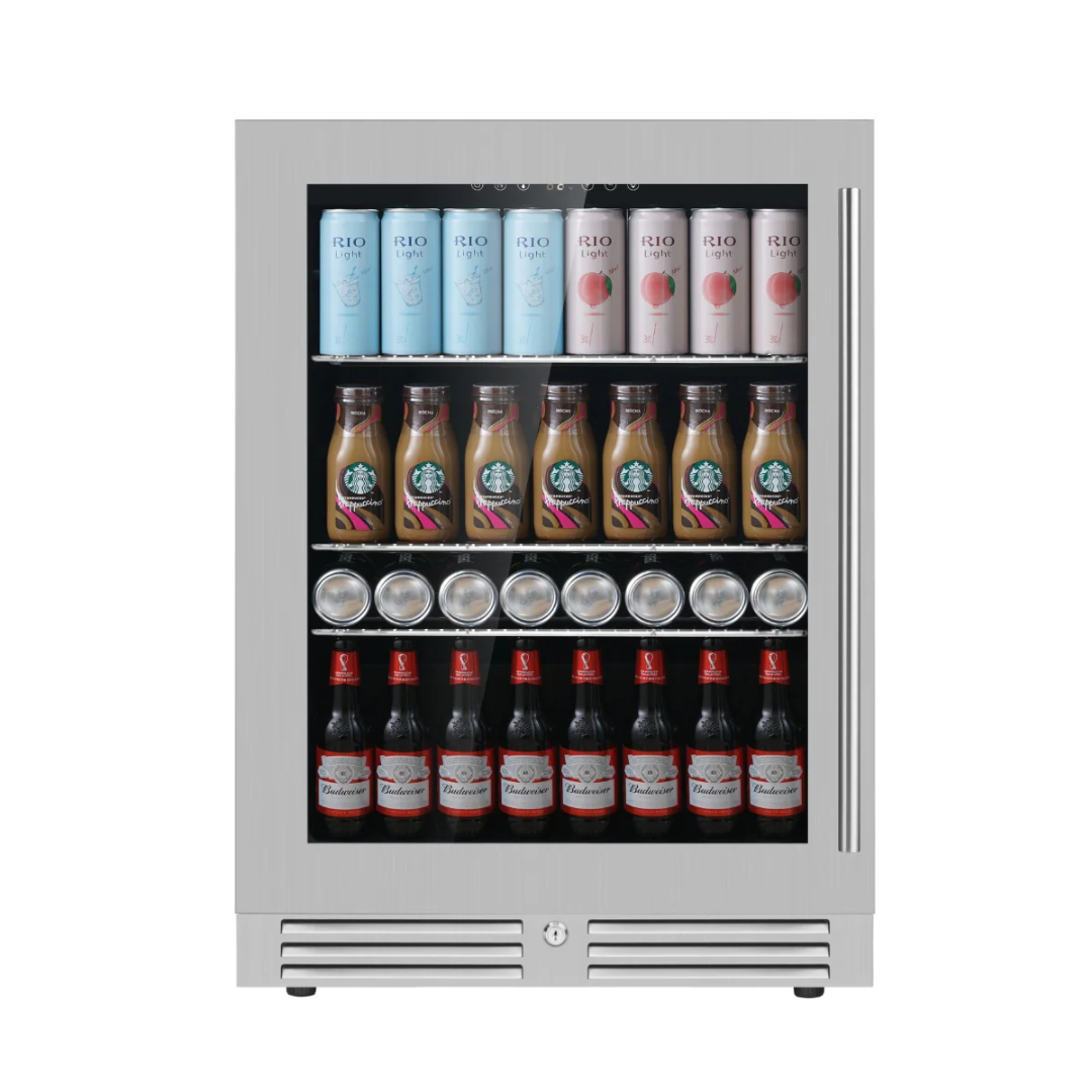 KB145BX-SSLHH stainless steel undercounter front-vented glass-door beverage refrigerator — compact built-in beer and bottle cooler with lock for home bar or kitchen