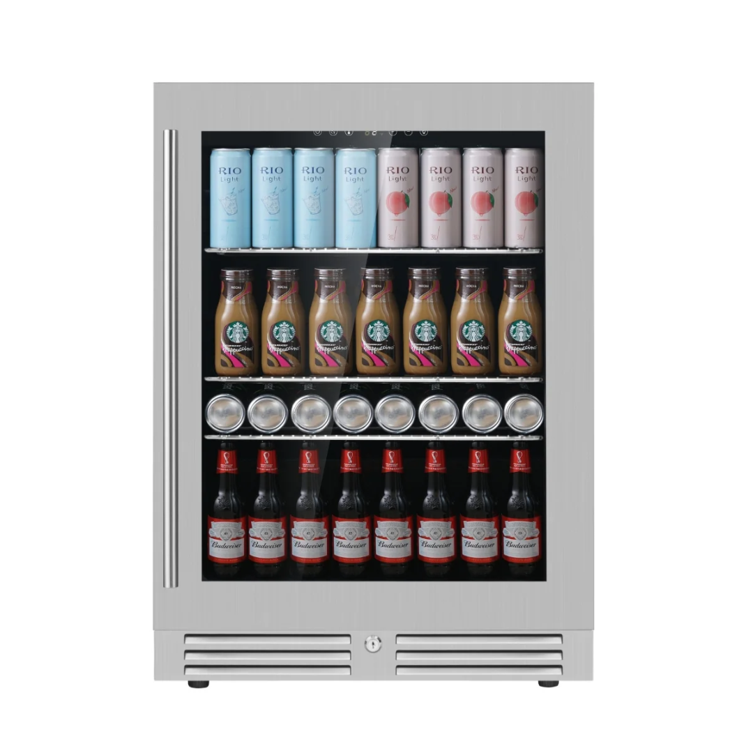 KB145BX-SSRHH stainless steel glass-door undercounter beverage refrigerator, compact built-in drink cooler for cans and bottles with adjustable shelves