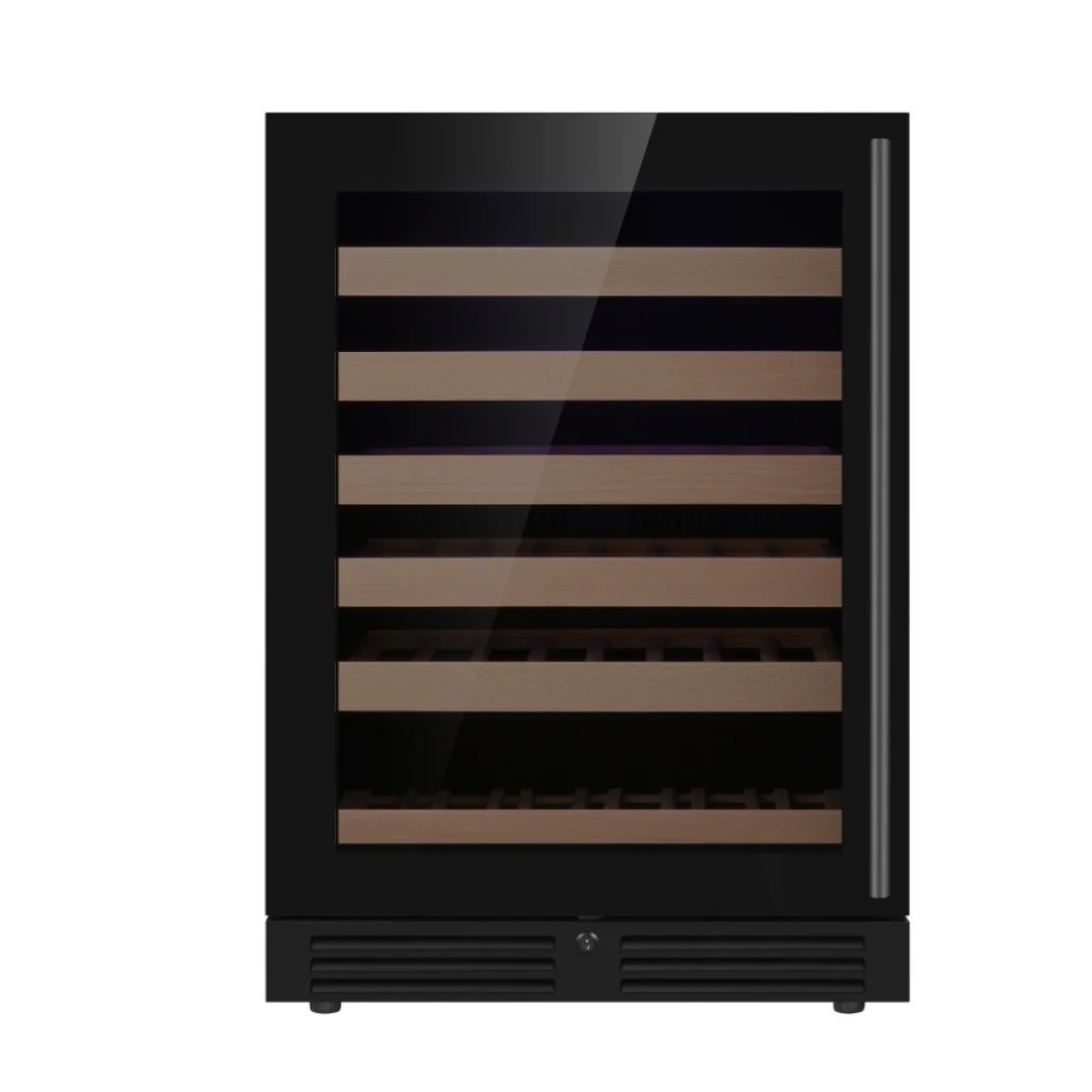 KB145WX-FGLHH built-in undercounter wine cooler with black glass door, vertical stainless handle and wood-slat shelves for wine bottle storage