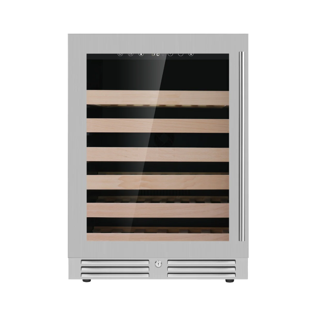 KB145WX-SSLHH stainless steel built-in undercounter wine cooler with glass door, vertical stainless handle, lockable front-vented grille and wooden slide-out wine shelves