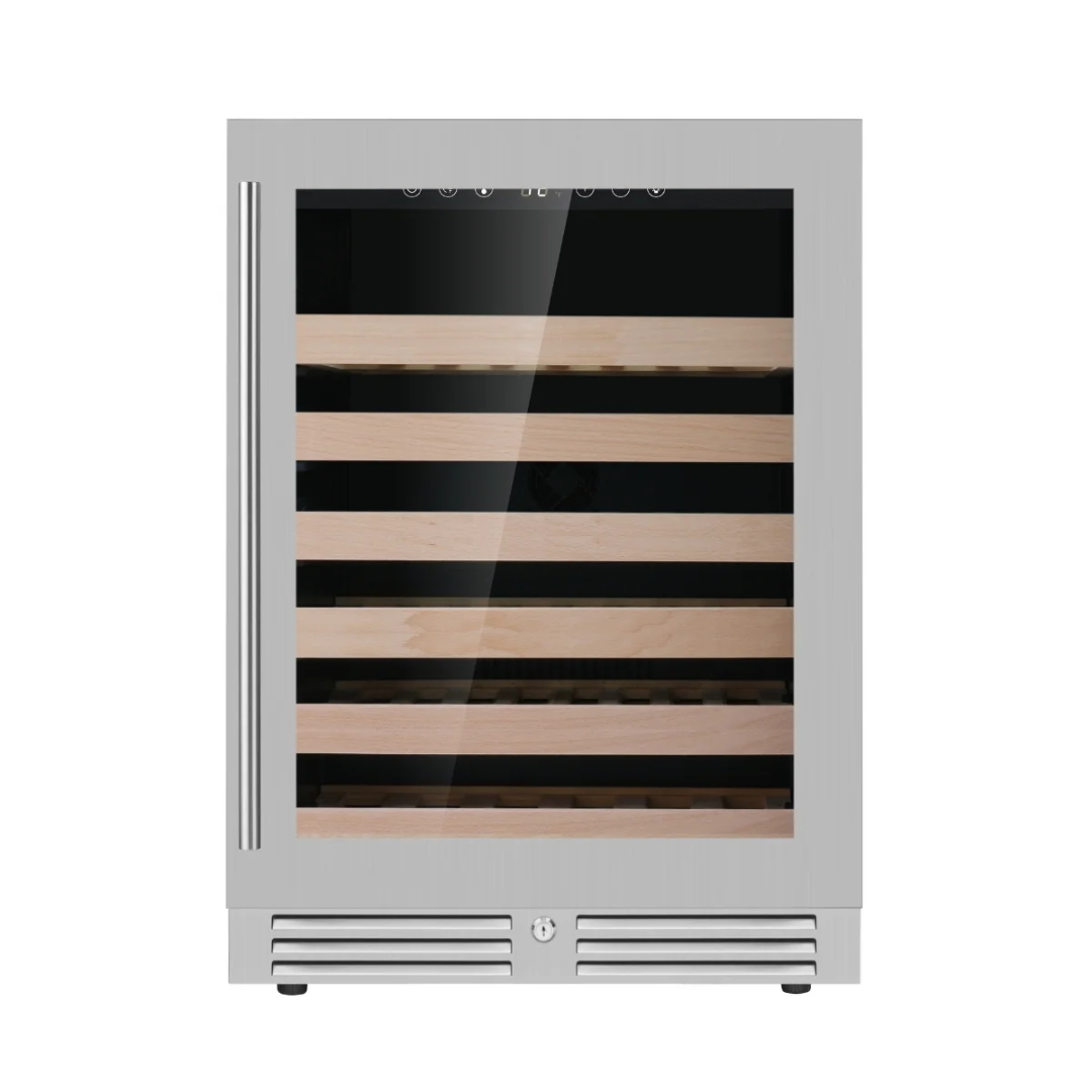 KB145WX-SSRHH 24-inch built-in stainless steel undercounter wine cooler with glass door and wooden shelves