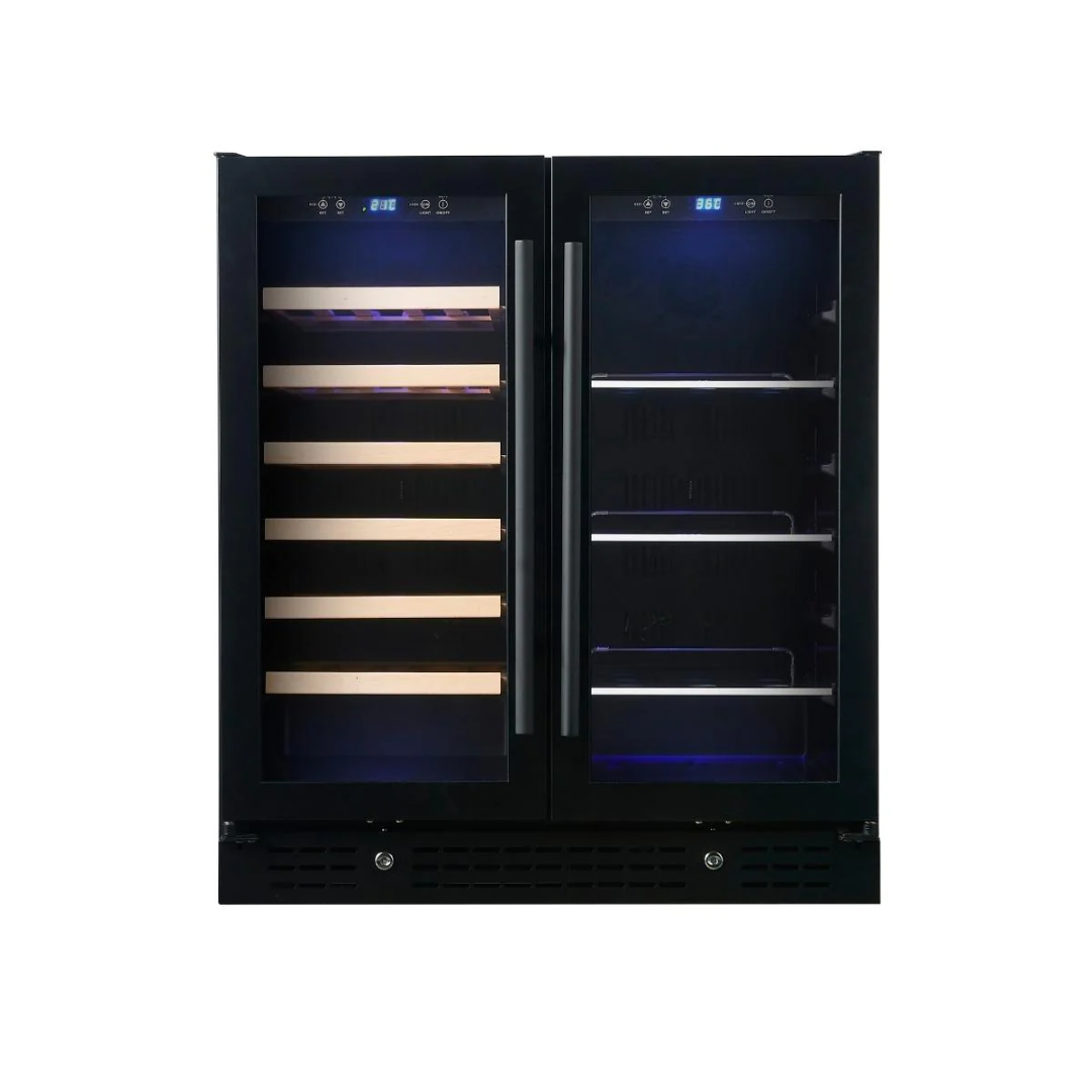 KB165BW-BLK black dual-zone built-in undercounter wine cooler with double glass doors, LED digital temperature display, stainless handles and wooden shelves