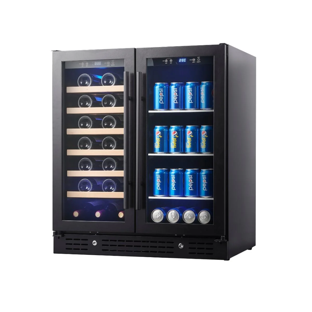 KB165BW-BLK dual-zone wine and beverage cooler, black double glass doors, left wood-slat wine racks, right adjustable metal shelves for cans, blue LED interior and digital temperature display
