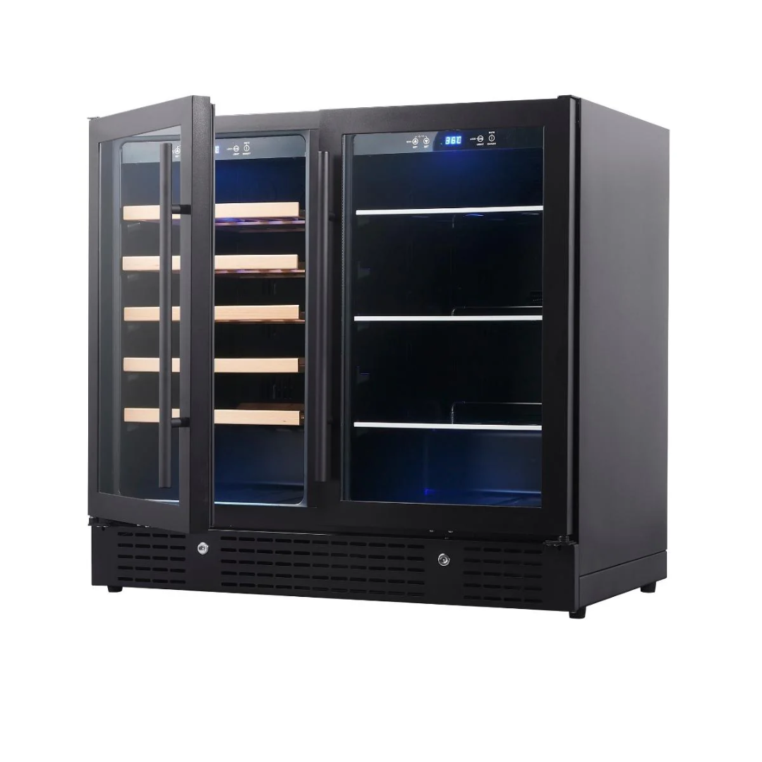 KB190BW-BLK black dual-zone undercounter wine cooler with double glass doors, wooden slide-out shelves, digital temperature display and blue LED interior lighting