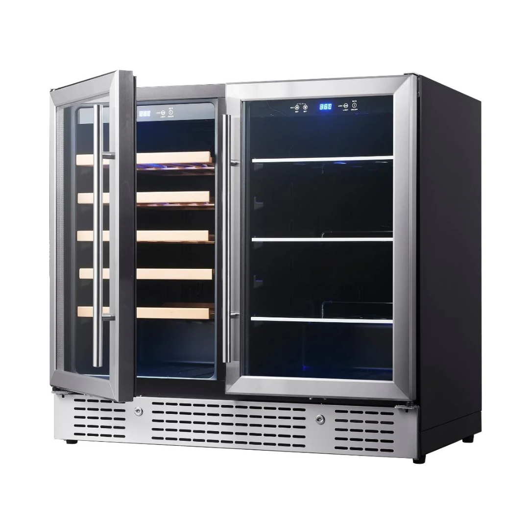 KB190BW-SS Vine & Flame dual‑zone undercounter stainless steel wine and beverage cooler with glass double doors, wooden wine shelves left, adjustable shelves right, blue LED digital temperature displays and front vent, built‑in or freestanding