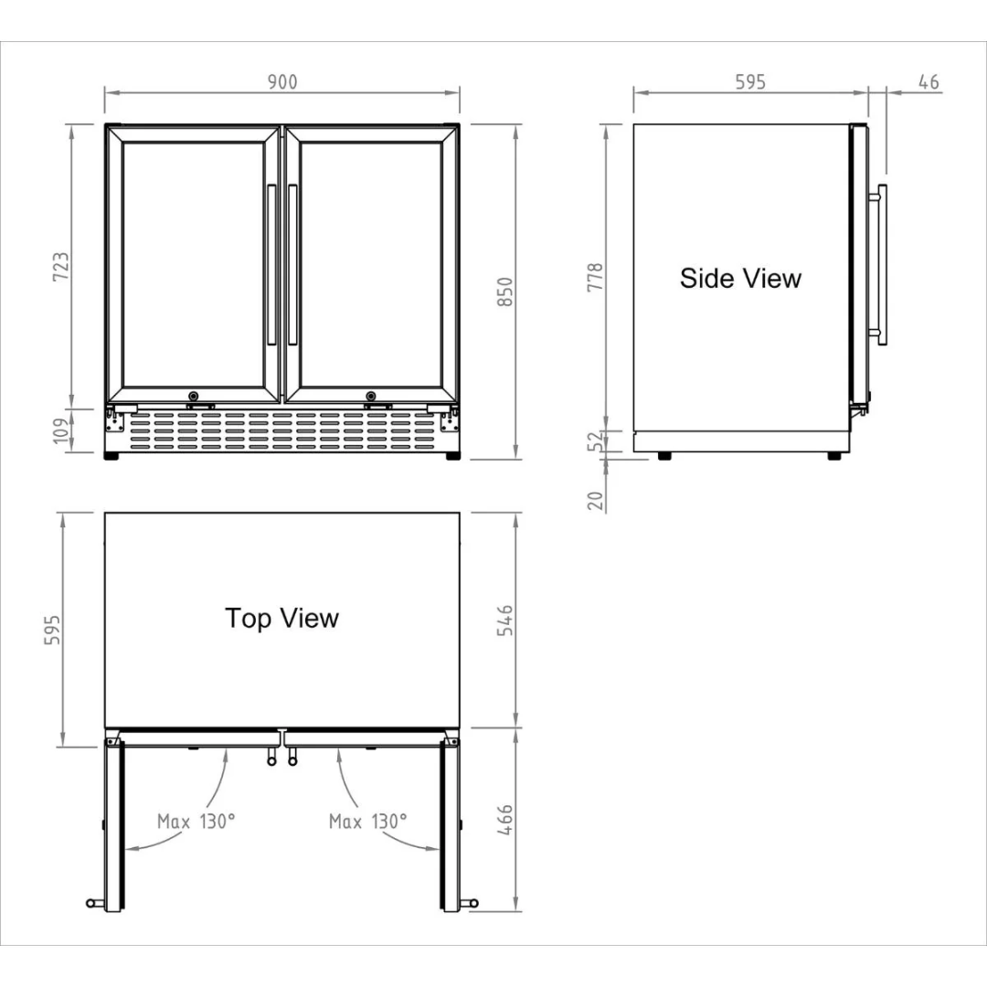KB190BW dimensions diagram — 900mm W x 595mm D x 850mm H double-door undercounter built-in commercial glass-door beverage refrigerator, front/side/top views for wine and beer bar cooler