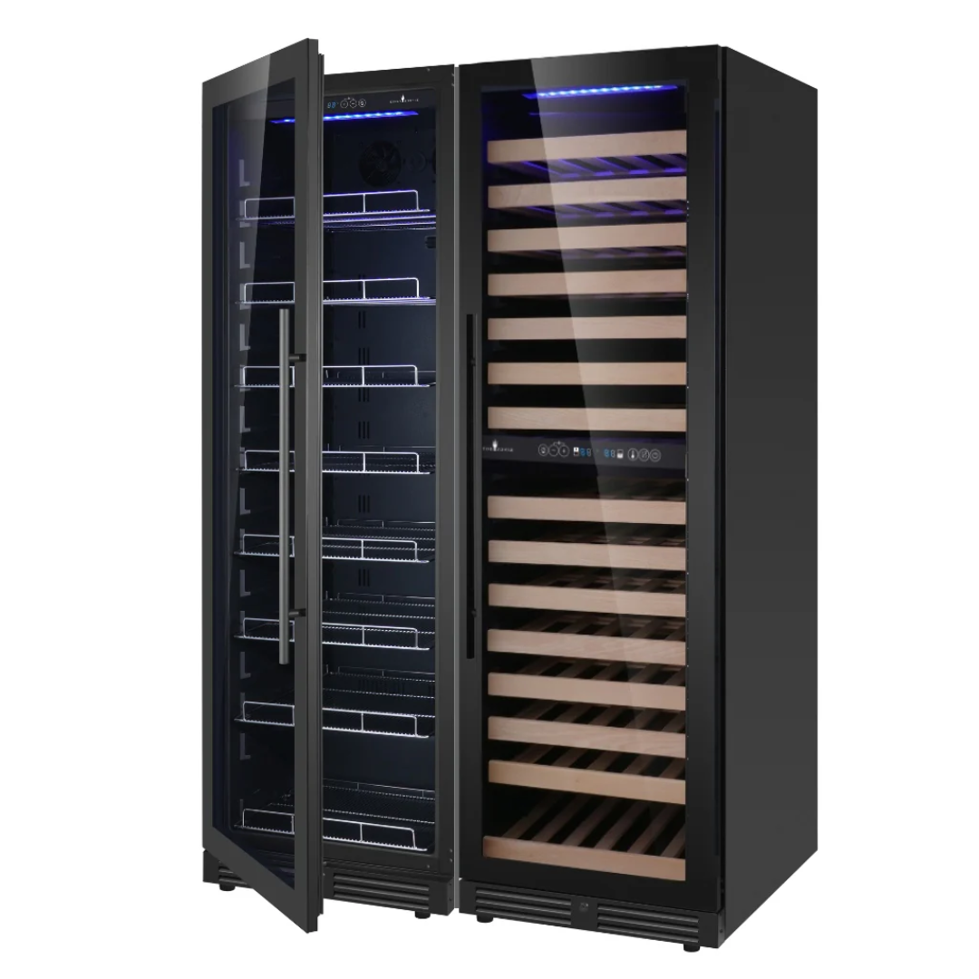 KB425BW3 dual-zone wine and beverage cooler, black double-glass door wine refrigerator with left adjustable wire shelves and right wooden slide-out wine racks, blue LED lighting