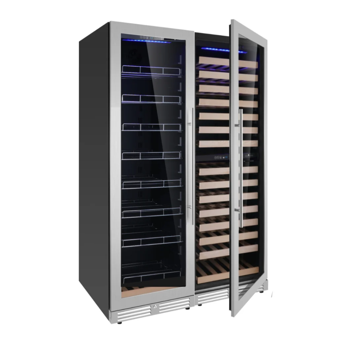 KB425BW3-SS stainless steel dual-zone wine refrigerator with two glass doors, blue LED lighting, metal shelving left and wooden bottle racks right, front-vented freestanding wine cooler
