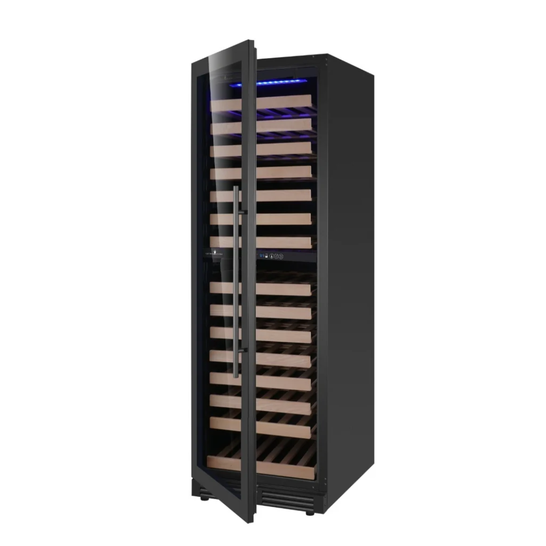 KB425DX-FG left-hinged (LHH) tall built-in wine refrigerator with glass door, stainless steel handle, wooden shelving, blue LED lighting and front-vented black cabinet
