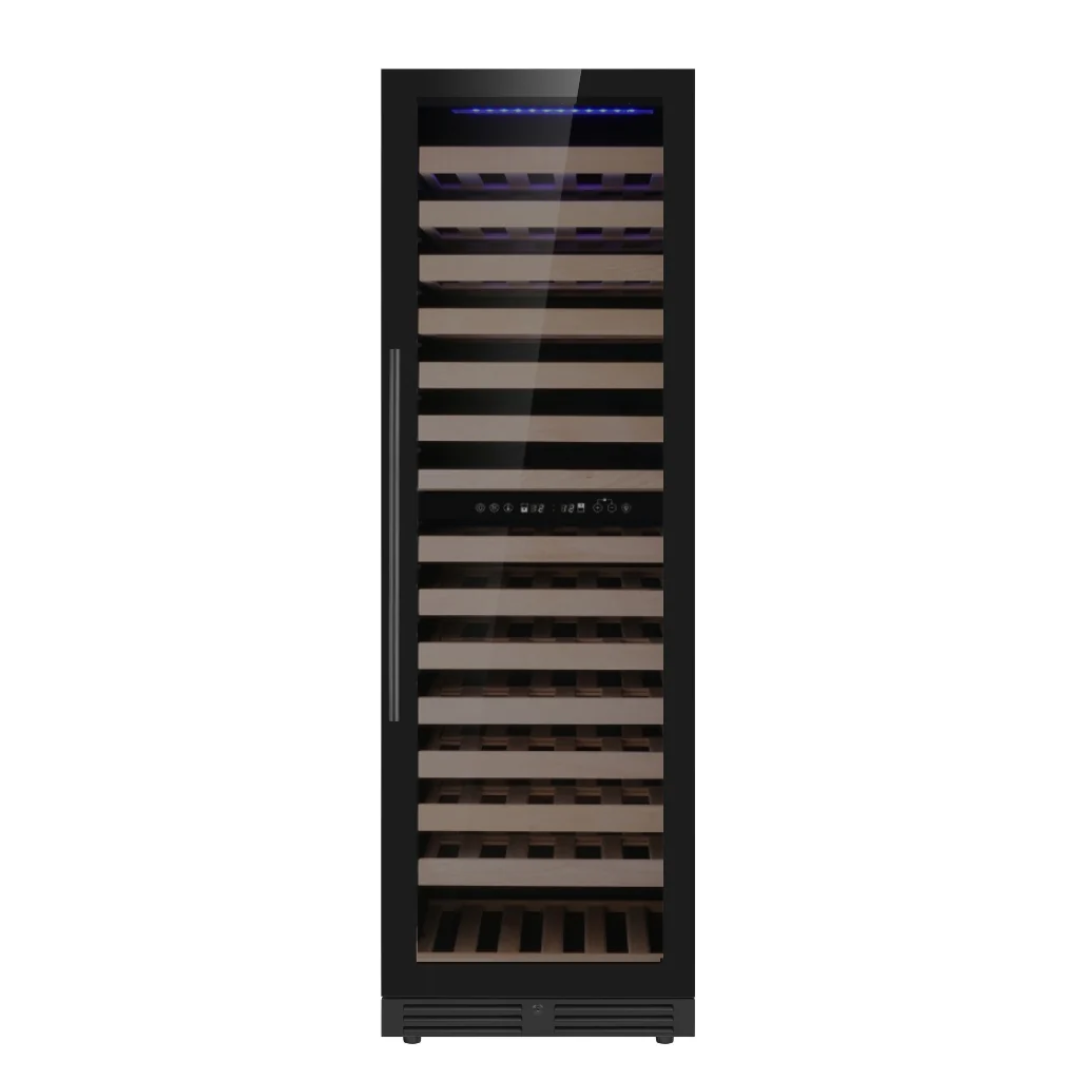 KB425DX-FG right-hinged slim tall freestanding wine refrigerator with black-trimmed glass door, wooden shelves, blue LED lighting and digital touch controls