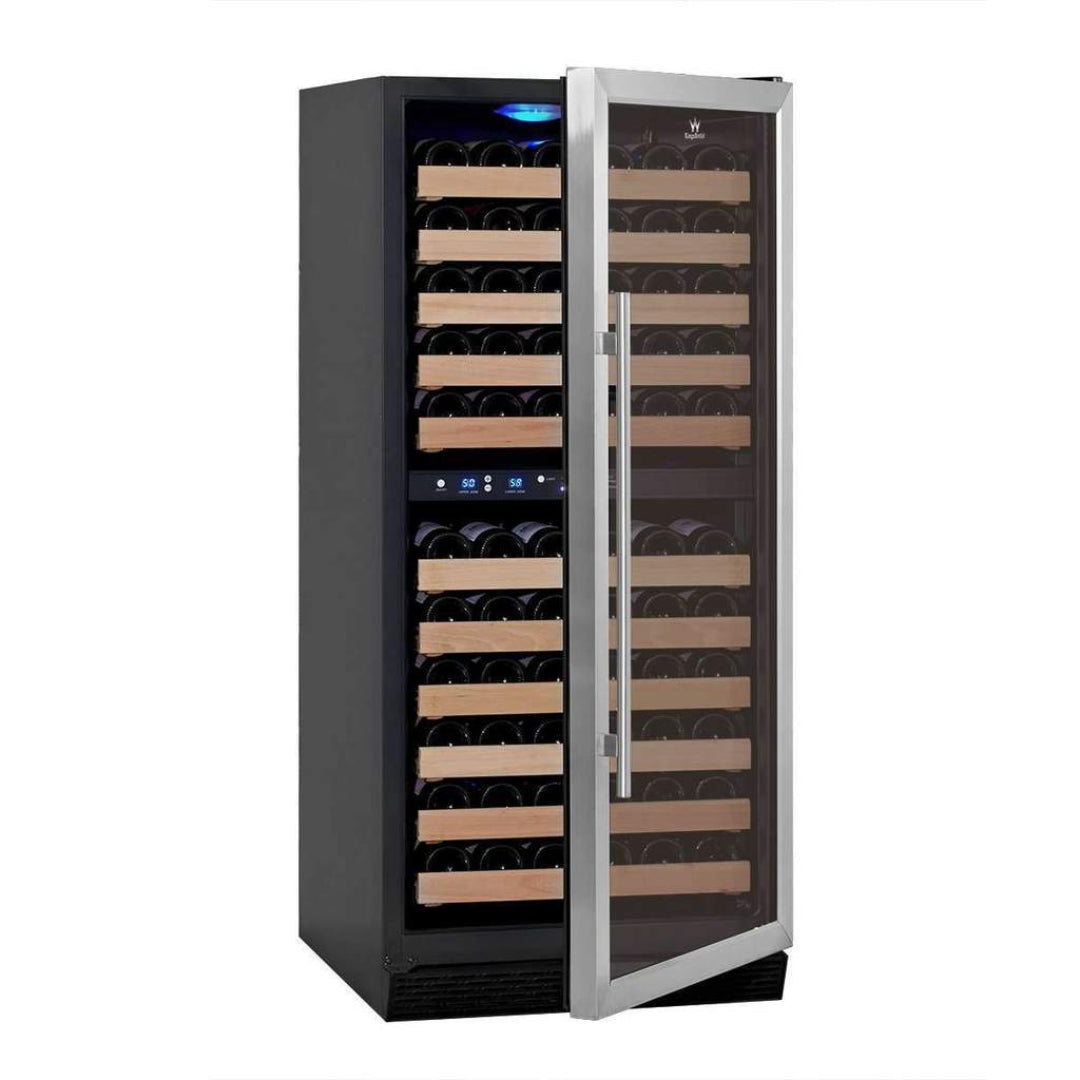 KBU100DX built-in 100-bottle dual-zone wine cooler refrigerator with stainless steel-framed glass door, wooden slide-out shelves, digital temperature display and blue LED interior, black cabinet