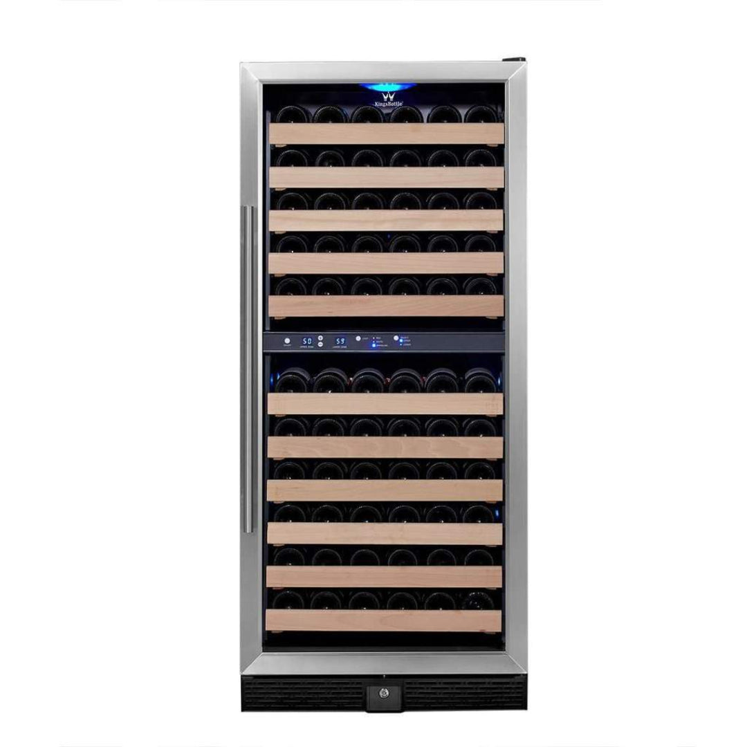 KBU100DX 100-bottle dual-zone built-in wine cooler, stainless steel frame with glass door, wood shelving, blue LED interior lighting, digital dual-temperature touch display, front vent with keyed lock and vertical stainless handle, wine refrigerator for home bar or cellar