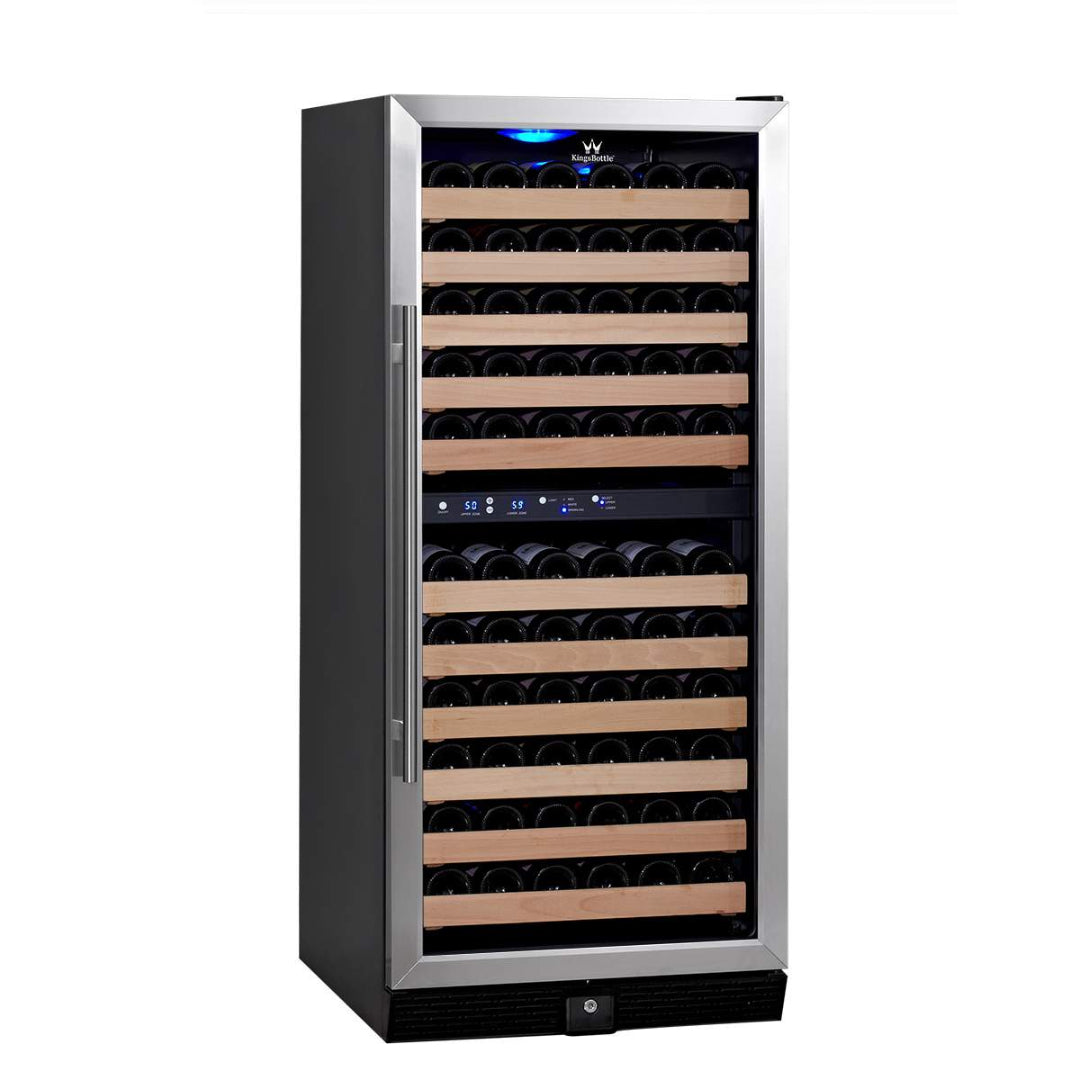 KingsBottle KBU100DX 100-bottle dual-zone freestanding wine refrigerator — black cabinet with stainless steel trim, glass door, wooden slide-out shelves, digital temperature controls