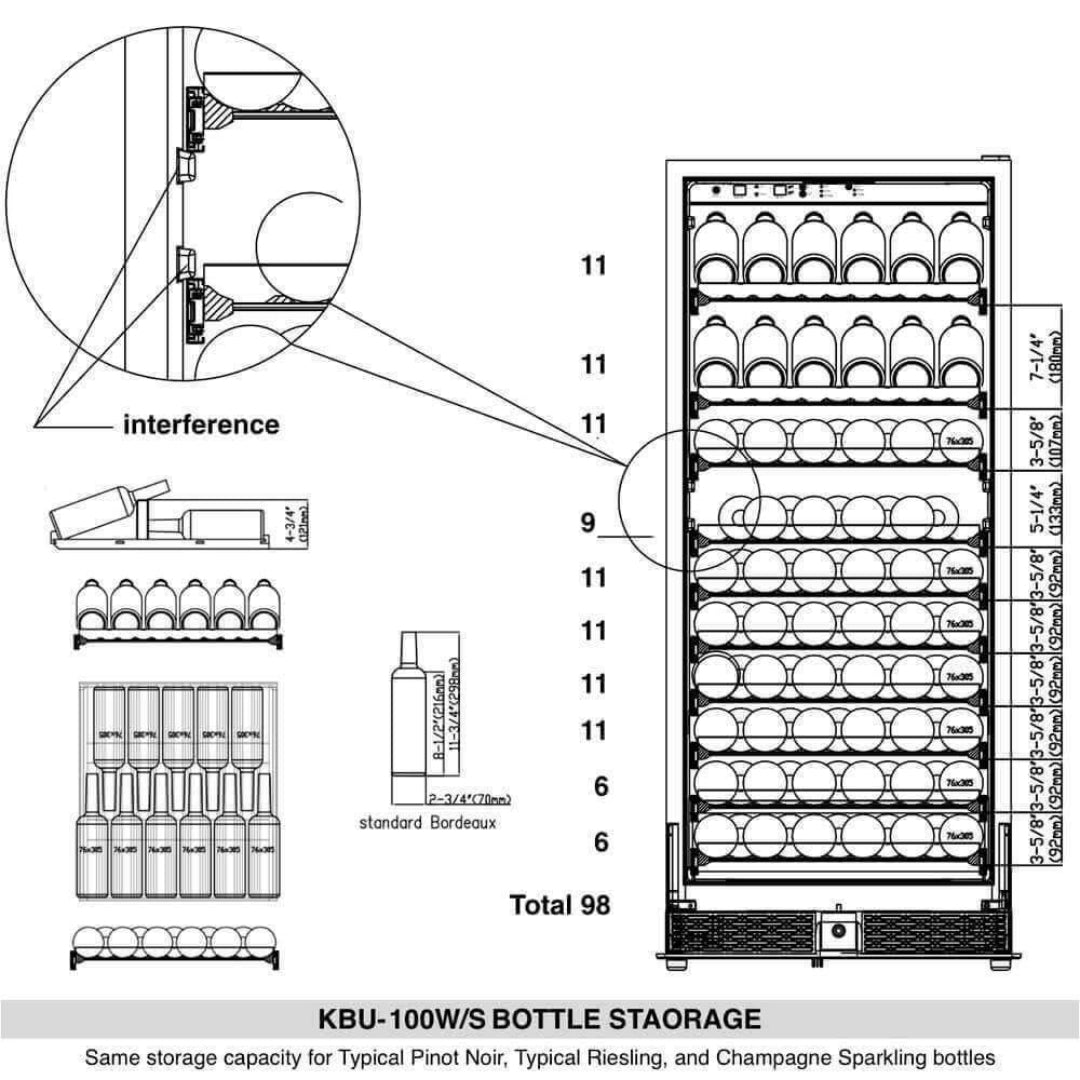 Vine & Flame KBU-100W/S 98-bottle built-in wine refrigerator capacity diagram showing bottle storage layout, rack spacing and fit for standard Bordeaux, Pinot Noir, Riesling and Champagne bottles