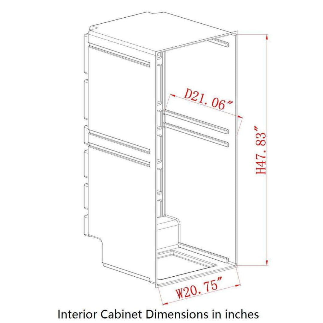 KBU100WX-FG interior cabinet inner dimensions diagram for built-in electric fireplace cabinet insert W20.75 in x D21.06 in x H47.83 in Vine and Flame