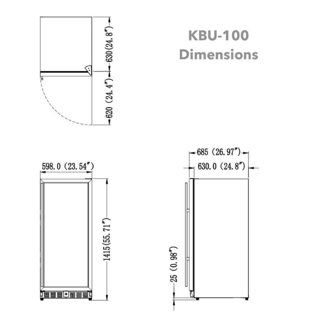 Vine & Flame KBU-100 dimensions diagram - upright glass-door wine and beverage cooler, 598 mm (23.54 in) W × 1415 mm (55.71 in) H × 630 mm (24.8 in) D, shows door swing and toe-kick clearance