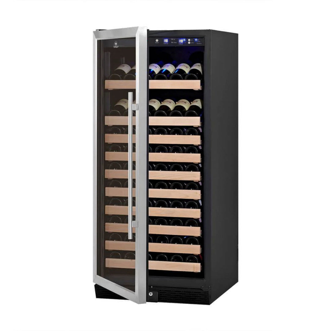 KBU100WX-LHH 100-bottle tall freestanding wine fridge cooler with stainless steel-trim glass door, natural wood shelves, blue LED digital temperature display, black cabinet